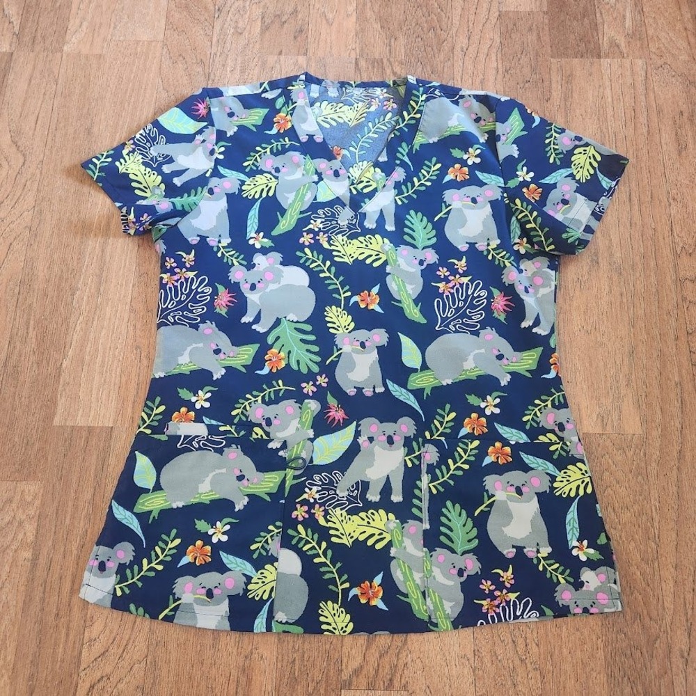 Navy Blue Koala Tropical Floral Print V-Neck Medical Scrub Top Short Sleeve 396